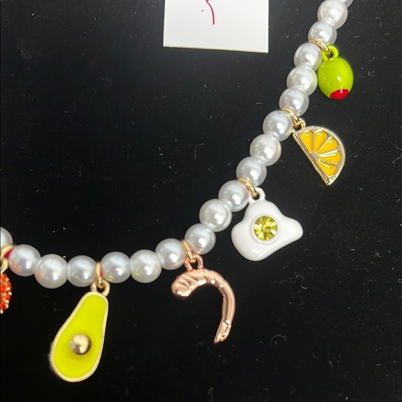 Betsey Johnson | White Pearl Necklace & Bracelet w/Charms 🥑🍉🌸🍊🫒 - Picture 4 of 9